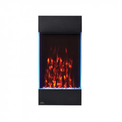 allure vertical shown with orange flame color white ember bed lights and accent side lights on blue