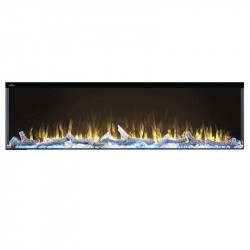 trivista 60 3 sided shown with yellow flame and light blue ember bed