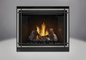 phazer log set mirro flame porcelain reflective radiant panels classic resolution front with overlay in brushed stainless with black straight accent bars standard safety screen